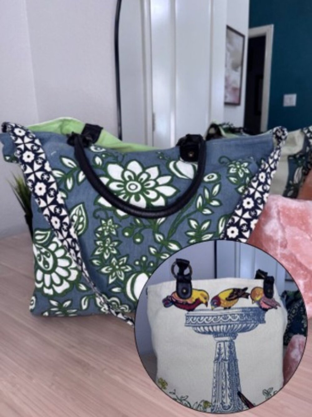 VTG Anthropologie Nest Birdbath & Floral Canvas Reversible Tote - RARE